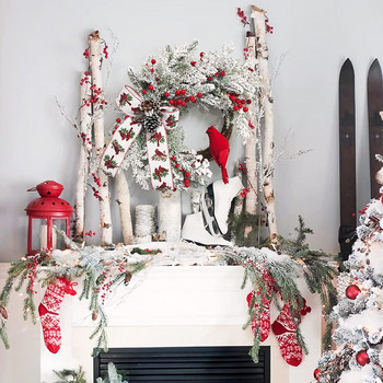 Коледни венци за входна врата Червен и бял гирлянд с папийонка птица от шишарка за домашен декор Ваканционен прозорец на стената на селска къща