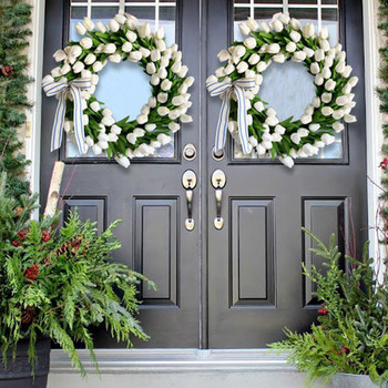 Ανοιξιάτικο στεφάνι πόρτας Λευκό Λουλούδι Πράσινα Φύλλα Χειροποίητα για Παράθυρο Τοίχου Άνοιξη Καλοκαιρινό Φεστιβάλ Γιορτή Στολισμός Γάμου