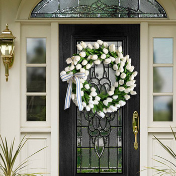 Пролетен венец за врата Бяло цвете Зелени листа Ръчно изработени за стенен прозорец Пролетно лято Празненство на фестивала Сватбена украса