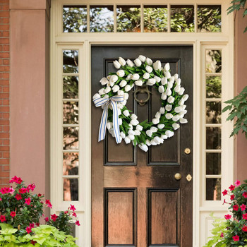 Ανοιξιάτικο στεφάνι πόρτας Λευκό Λουλούδι Πράσινα Φύλλα Χειροποίητα για Παράθυρο Τοίχου Άνοιξη Καλοκαιρινό Φεστιβάλ Γιορτή Στολισμός Γάμου