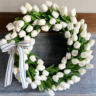 Coroană ușă de primăvară floare albă frunze verzi realizată manual pentru fereastră de perete sărbătoare festival de primăvară vară decorare nuntă