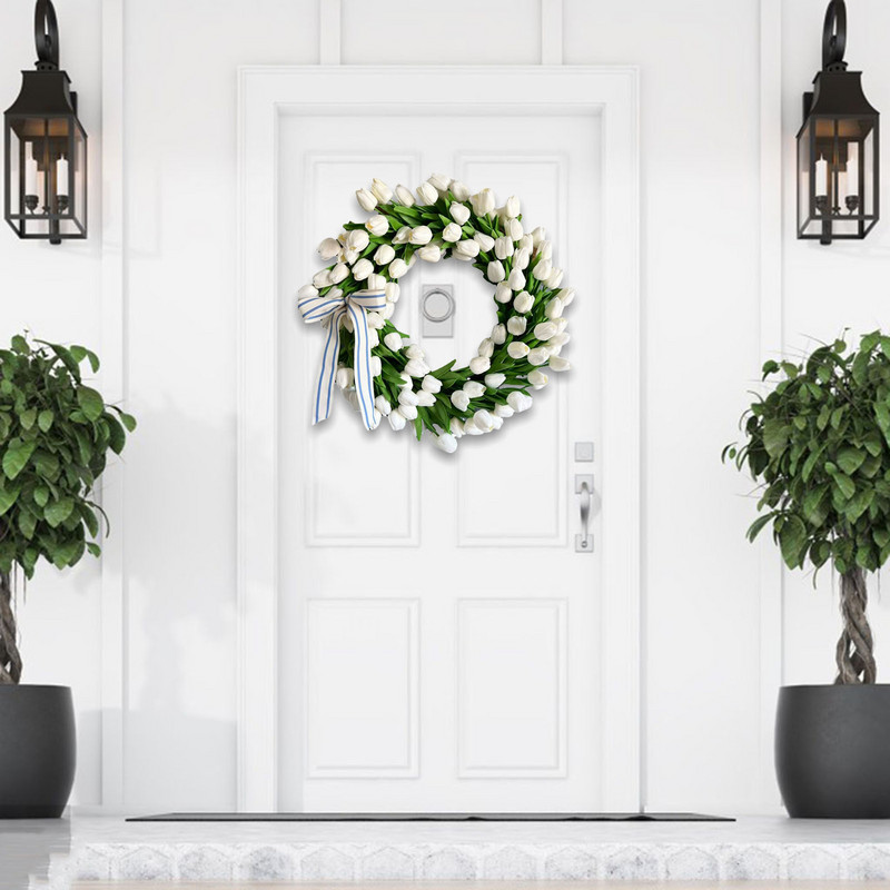 Coroană ușă de primăvară floare albă frunze verzi realizată manual pentru fereastră de perete sărbătoare festival de primăvară vară decorare nuntă