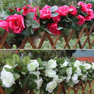Művirág füzérek, 1db hamis rózsa virág szőlő műrózsa rattan zöld borostyán levelekkel mesterséges függő virág szőlő