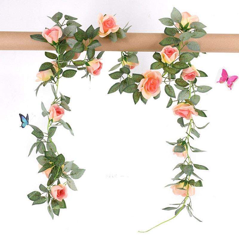 Dirbtinės gėlių girliandos, 1 vnt netikrų rožių gėlių vynmedžiai Dirbtinis rožių rotangas su žaliais gebenės lapais Dirbtinis kabantis gėlių vynmedis