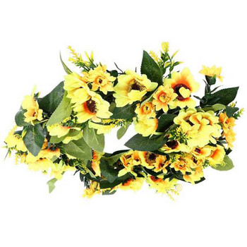 Τεχνητό καλοκαιρινό στεφάνι ηλίανθου-16 ιντσών Διακοσμητικό στεφάνι ψεύτικο λουλούδι με κίτρινο ηλίανθο και πράσινα φύλλα για μπροστινή πόρτα I