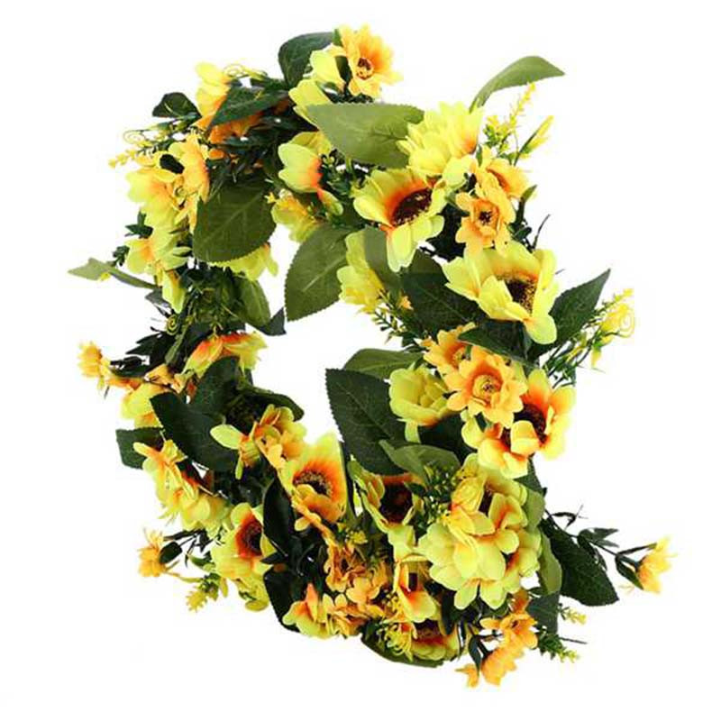 Τεχνητό καλοκαιρινό στεφάνι ηλίανθου-16 ιντσών Διακοσμητικό στεφάνι ψεύτικο λουλούδι με κίτρινο ηλίανθο και πράσινα φύλλα για μπροστινή πόρτα I