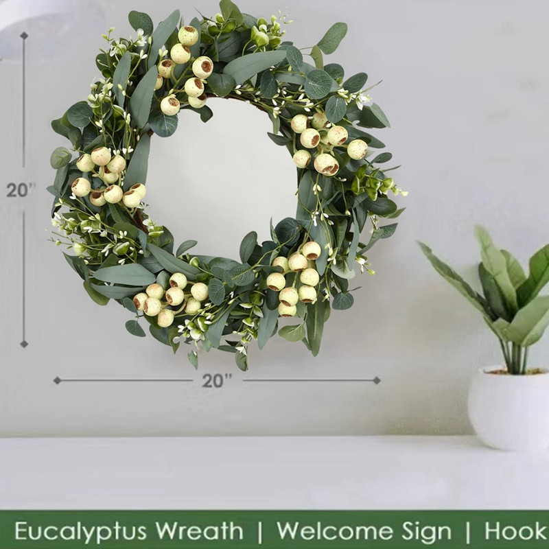 Vijenci od 20 inča za ulazna vrata, vijenac od zelenog eukaliptusa za proljeće, vijenci za ulazna vrata, vijenac s poljskim cvijećem