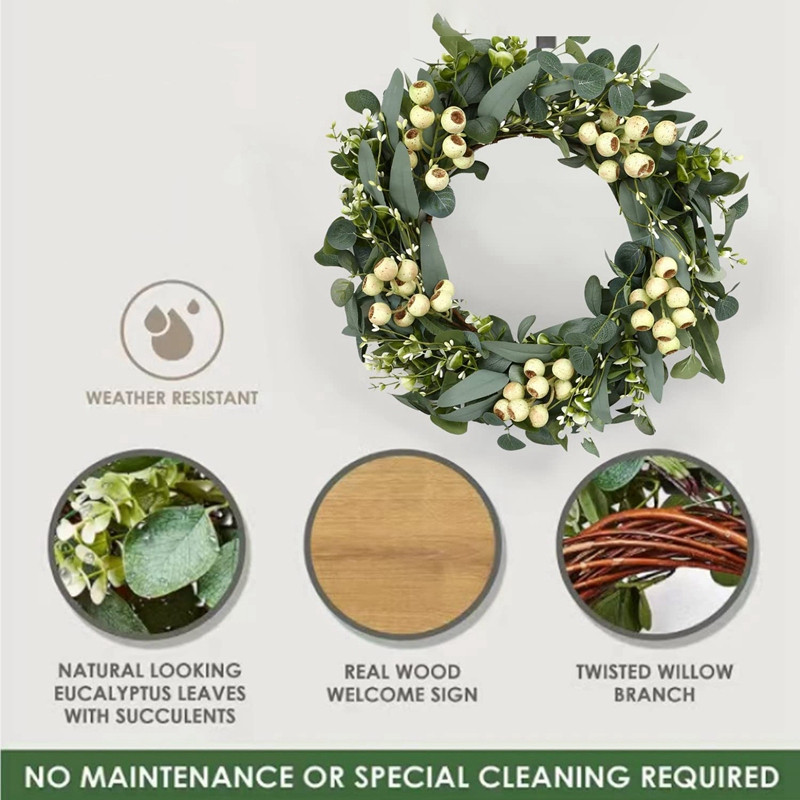 Vijenci od 20 inča za ulazna vrata, vijenac od zelenog eukaliptusa za proljeće, vijenci za ulazna vrata, vijenac s poljskim cvijećem