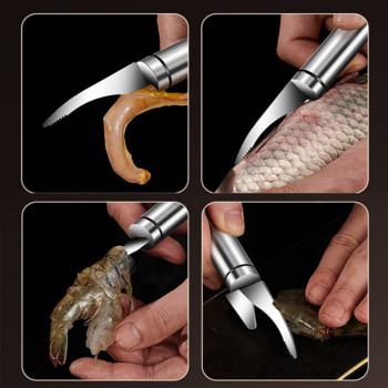 Бърза белачка за скариди Неръждаема стомана Многофункционална линия за скариди Нож за корема на риба Кухненска джаджа Нож за морски дарове Риболовни принадлежности