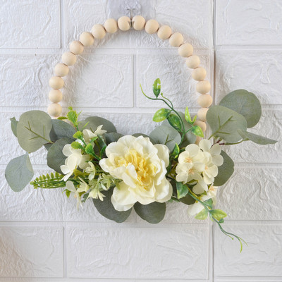 Cilected Nordic Τεχνητές Ξύλινες Χάντρες Στεφάνι με Παιώνια Ορτανσία Φύλλα Ευκάλυπτου Προσομοίωση Λουλούδι Διακόσμηση τοίχου