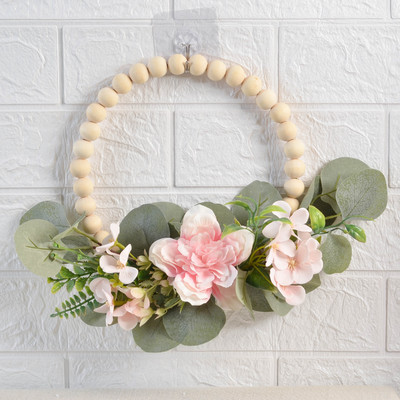 Cilected Nordic Τεχνητές Ξύλινες Χάντρες Στεφάνι με Παιώνια Ορτανσία Φύλλα Ευκάλυπτου Προσομοίωση Λουλούδι Διακόσμηση τοίχου