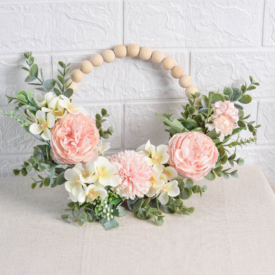 Cilected Nordic Τεχνητές Ξύλινες Χάντρες Στεφάνι με Παιώνια Ορτανσία Φύλλα Ευκάλυπτου Προσομοίωση Λουλούδι Διακόσμηση τοίχου