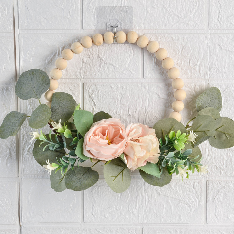 Cilected Nordic Τεχνητές Ξύλινες Χάντρες Στεφάνι με Παιώνια Ορτανσία Φύλλα Ευκάλυπτου Προσομοίωση Λουλούδι Διακόσμηση τοίχου