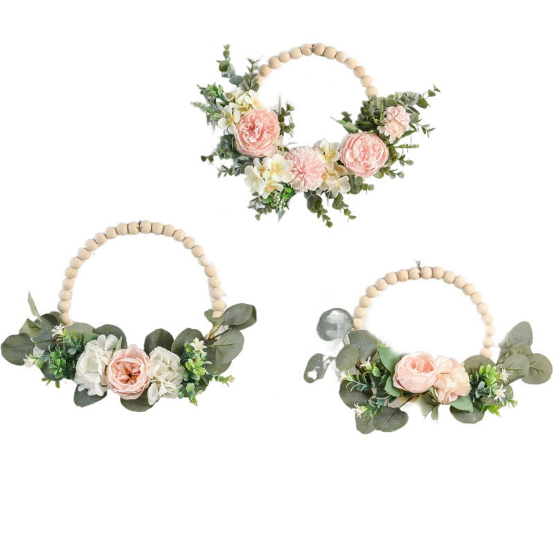 Cilected Nordic Τεχνητές Ξύλινες Χάντρες Στεφάνι με Παιώνια Ορτανσία Φύλλα Ευκάλυπτου Προσομοίωση Λουλούδι Διακόσμηση τοίχου