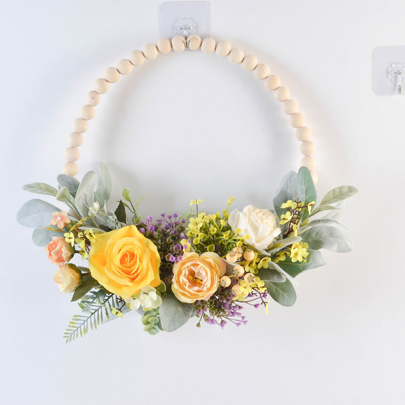 Cilected Nordic Τεχνητές Ξύλινες Χάντρες Στεφάνι με Παιώνια Ορτανσία Φύλλα Ευκάλυπτου Προσομοίωση Λουλούδι Διακόσμηση τοίχου