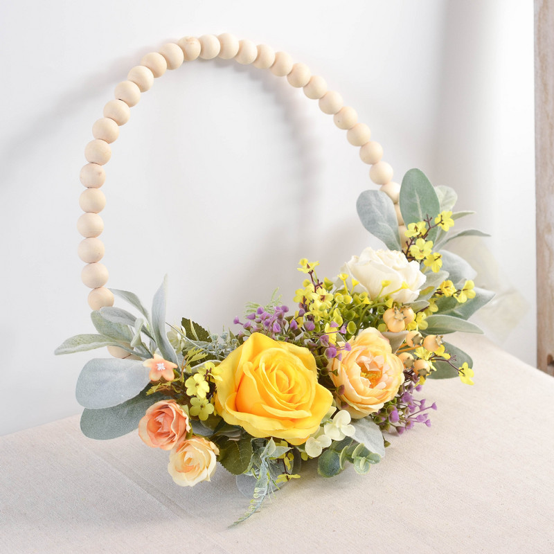 Cilected Nordic Τεχνητές Ξύλινες Χάντρες Στεφάνι με Παιώνια Ορτανσία Φύλλα Ευκάλυπτου Προσομοίωση Λουλούδι Διακόσμηση τοίχου