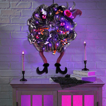 Венец за Хелоуин с LED светлини Висящ на вратата гирлянд Декорация Тиквена шапка на вещица Крак Венец Фестивал Хелоуин Парти Декор