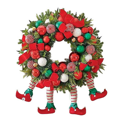 Zimski božićni plišani vijenci, plišane vilenjačke noge, vijenac od 32 cm, umjetni vijenac s mašnom i kuglicama za zid na vratima