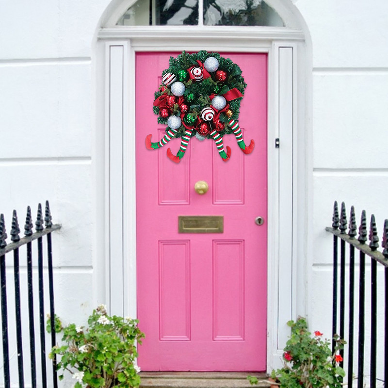 Ziemas Ziemassvētku plīša vainagi Audekls plīša rūķu kāju vītne 32cm mākslīgās vītnes ar bantīti un nieciņiem durvju sienai