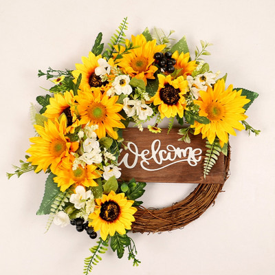 Ornamente delicate pentru agățat din viță de vie de floarea soarelui, estetică șic pentru primăvară, vară, coroană de bun venit, decorațiuni de perete pentru acasă