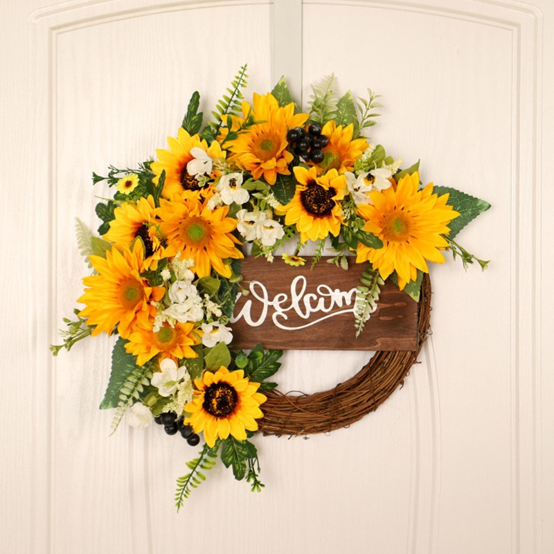 Ornamente delicate pentru agățat din viță de vie de floarea soarelui, estetică șic pentru primăvară, vară, coroană de bun venit, decorațiuni de perete pentru acasă