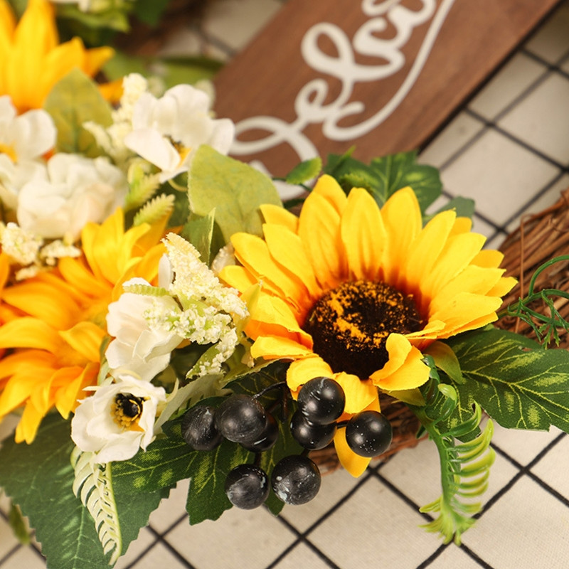 Ornamente delicate pentru agățat din viță de vie de floarea soarelui, estetică șic pentru primăvară, vară, coroană de bun venit, decorațiuni de perete pentru acasă