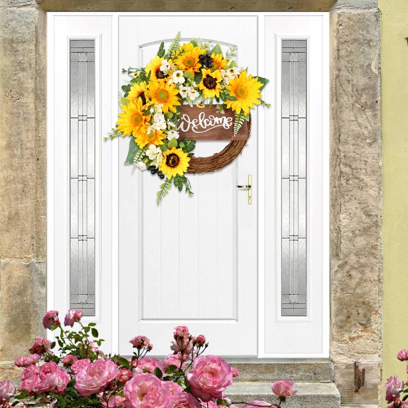 Ornamente delicate pentru agățat din viță de vie de floarea soarelui, estetică șic pentru primăvară, vară, coroană de bun venit, decorațiuni de perete pentru acasă