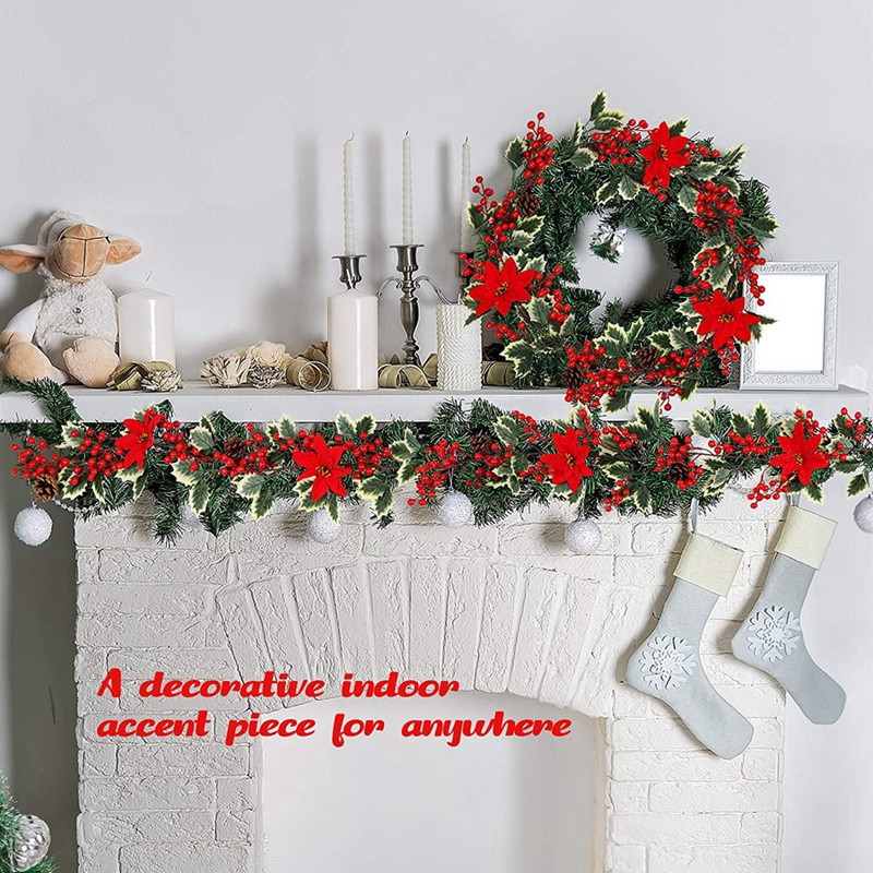 Ghirlandă de Crăciun cu fructe roșii de 6,3 ft, Ghirlandă artificială cu poinsettia, Ghirlandă cu fructe de pădure de Crăciun cu conuri de pin