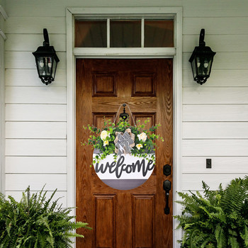 Ξύλινη πινακίδα καλωσορίσματος στεφάνι για μπροστινή πόρτα Κρεμαστά πράσινα φύλλα καλωσορίσματος Σήμα καλωσορίσματος Floral στέφανα για γαμήλιο πάρτι Διακόσμηση πόρτας τοίχου σπιτιού