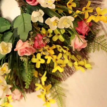 Пролетен венец за входна врата - цветен флорален венец с роза, зимен жасмин, маргаритка и папрати за сватбена декорация на стена