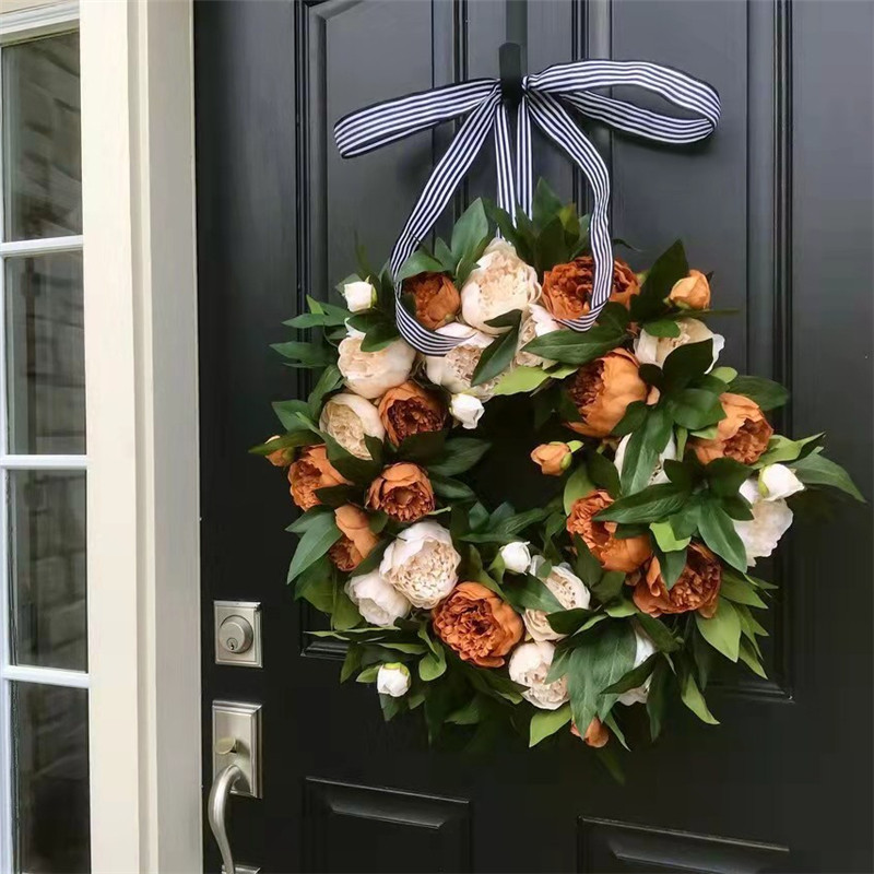 35/40 cm Jõulupärja kunstpojengipärjad Hooajalised värvilised roosad oranžid pojengipärjad Jõuluukse akende rippuvad pärjad