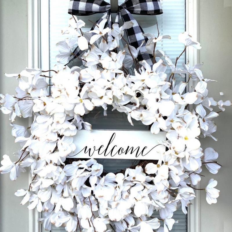 Valge koerapuu pärjad, uks rippuvad kevadised pärjad, simulatsioon vaniku kaunistus kevadsuvised pärjad Kodukaunistuse ripats