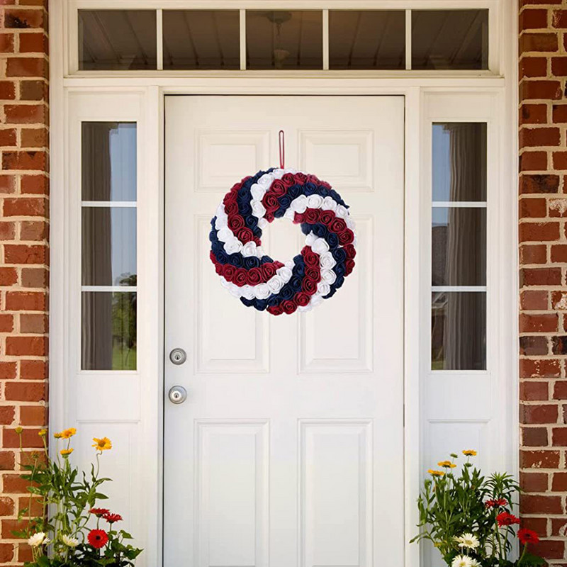 Американски патриотичен венец Денят на независимостта Венци за входната врата Американски мемориален ден Патриотични декорации Червен Бял Син