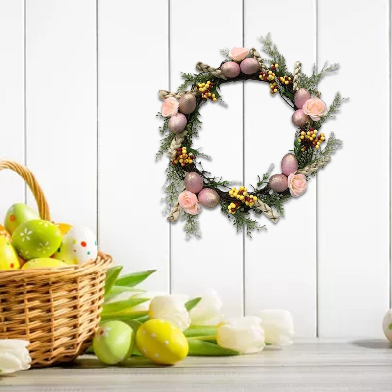 Coroană de trandafiri inel de fier de 21,6 inci Coroană de ouă de Paște de primăvară cu ouă artificiale Flori sălbatice și frunze verzi Ușa din față A0KF