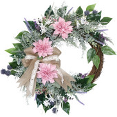 Coroniță de ușă de vară, coronițe artificiale de frunze verzi de primăvară, dalie roz și levănțică pentru decorarea peretelui de nuntă la fermă