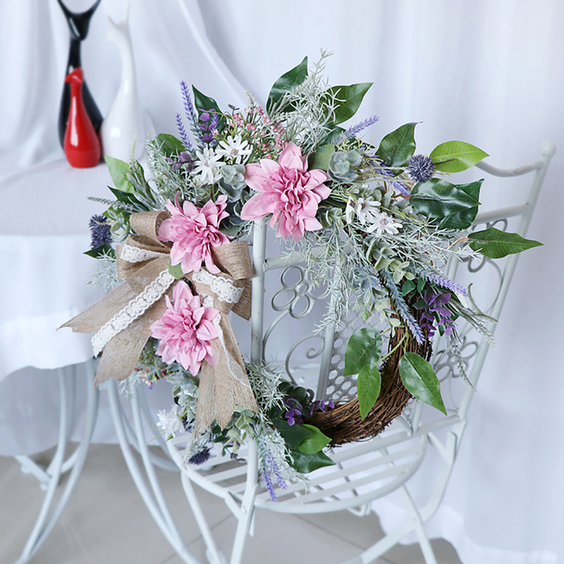 Coroniță de ușă de vară, coronițe artificiale de frunze verzi de primăvară, dalie roz și levănțică pentru decorarea peretelui de nuntă la fermă