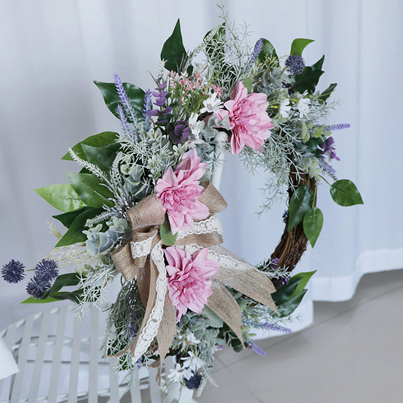 Coroniță de ușă de vară, coronițe artificiale de frunze verzi de primăvară, dalie roz și levănțică pentru decorarea peretelui de nuntă la fermă