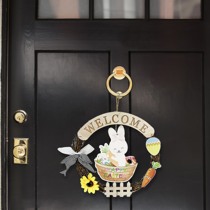 Ghirlandă de coroană de iepurași Decorație de Paște 2022 Decorație de Paște Ghirlandă de iepurași Decorație Coroană de pandantiv iepuraș Umeraș pentru ușă 30CM