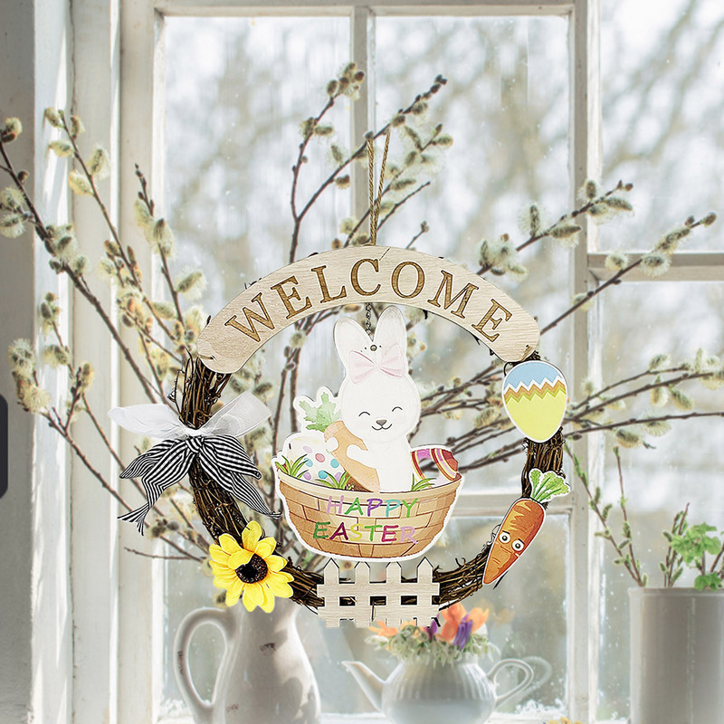 Ghirlandă de coroană de iepurași Decorație de Paște 2022 Decorație de Paște Ghirlandă de iepurași Decorație Coroană de pandantiv iepuraș Umeraș pentru ușă 30CM