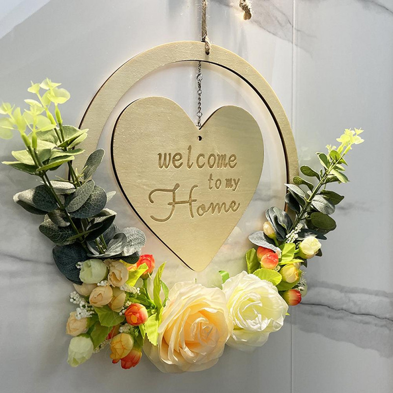 Coroană artificială rafinată Bine ați venit în casa mea Semn de coroană de dragoste Ghirlanda de inimă Coroană de flori pentru petrecerea de Anul Nou de Ziua Îndrăgostiților