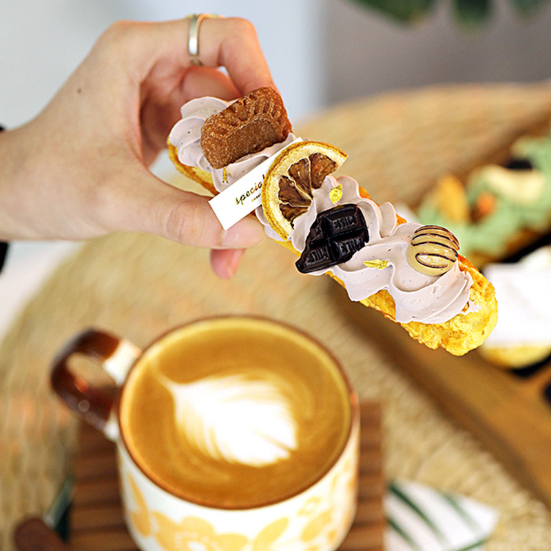Simulare Eclair Puff Model Finger Puff Mâncare artificială Cremă falsă Prăjituri cu fructe Desert franțuzesc Rezită foto ceai Decorare masă