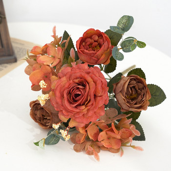 Τεχνητά λουλούδια Ρετρό μπουκέτο μεταξωτό τριαντάφυλλο ορτανσία παιωνία Vintage νύφη που κρατά ψεύτικο λουλούδι Αξεσουάρ διακόσμησης γάμου σπιτιού