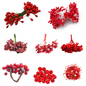 Κόκκινο θέμα Τεχνητό λουλούδι Cherry Stamen Berries Bundle DIY Χριστουγεννιάτικη διακόσμηση Τούρτα γάμου Κουτί δώρου Στεφάνια Χριστουγεννιάτικη διακόσμηση