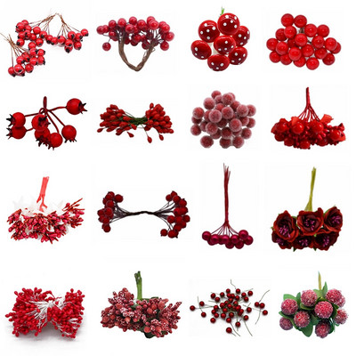 Κόκκινο θέμα Τεχνητό λουλούδι Cherry Stamen Berries Bundle DIY Χριστουγεννιάτικη διακόσμηση Τούρτα γάμου Κουτί δώρου Στεφάνια Χριστουγεννιάτικη διακόσμηση