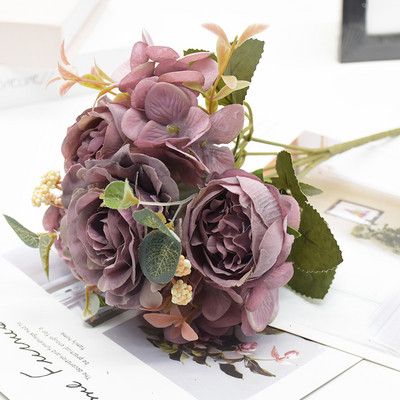Ühe kimbu kunstlilled pojeng hortensia roosid pulmadeks mõeldud jõulukaunistused kodu meisterdamiseks Elutoa sisekujundus