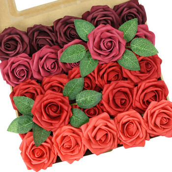 25 τεμ/κιβώτιο Τεχνητά λουλούδια Ρουζ τριαντάφυλλα Ρεαλιστικά ψεύτικα τριαντάφυλλα με στέλεχος για μπουκέτα γαμήλιου πάρτι DIY Διακοσμήσεις σπιτιού για ντους μωρών