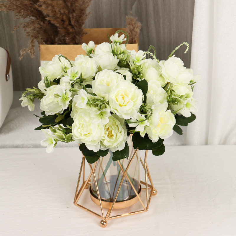 Buchet de flori artificiale de bujor de mătase de 30 cm 7 capete mari 4 muguri mici Flori false ieftine pentru decorarea casei de nuntă de interior