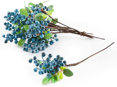 Pachet de 5 flori artificiale din plastic, 25 cm, fructe de pădure din California, fructe de afine, flori de mătase false, pentru acasă, pentru petrecere, nuntă, albastru