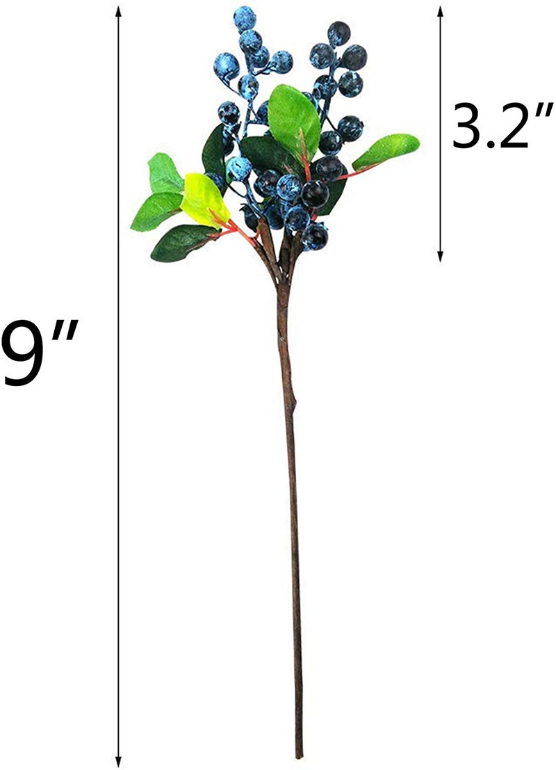 Pachet de 5 flori artificiale din plastic, 25 cm, fructe de pădure din California, fructe de afine, flori de mătase false, pentru acasă, pentru petrecere, nuntă, albastru