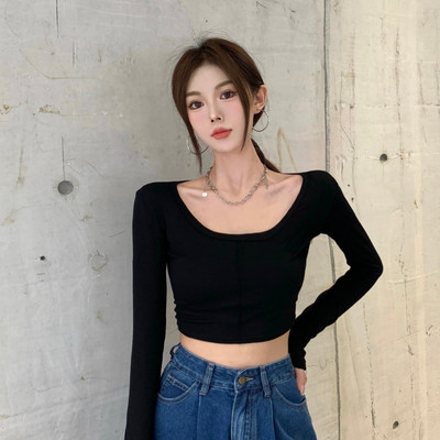 Naiste vabaaja lühike ovaalse dekoltee ja pikkade varrukatega pluus